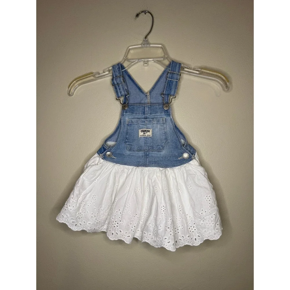 OshKosh B'gosh Toddler Girls 2T Denim Eyelet Skirt Overall Jumper Dress OSH11771